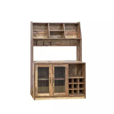 Na górze znajduje się uchwyt na kieliszek do wina odwrócony do góry dnem o długości 34,0 cm. Z boku znajdują się 3 podwójne haki z czarną, matową powłoką. Na górnym poziomie znajdują się 2 duże, trapezowe przestrzenie o wymiarach 32,0 x 17,6 x 30,0 cm oraz 2 małe przestrzenie. Wszystkie mają zaokrąglone rogi.